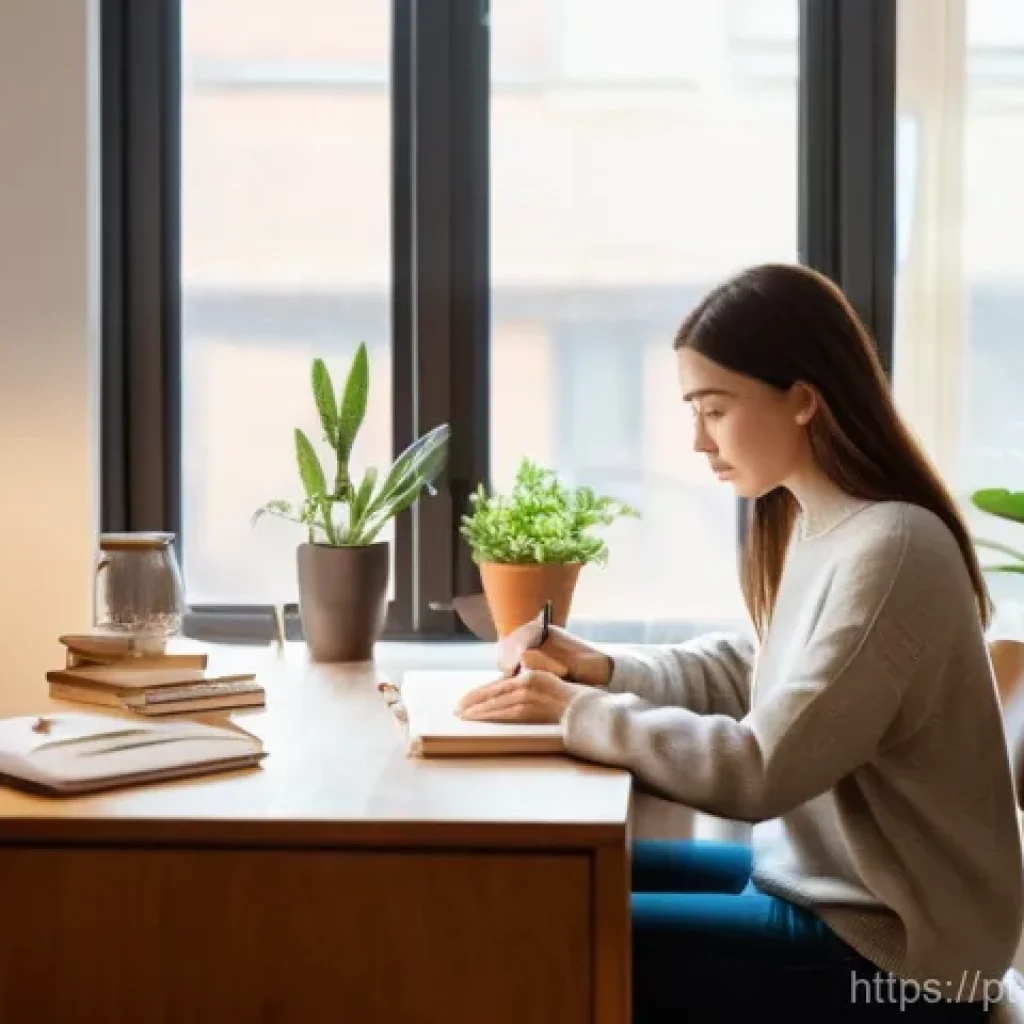 성공적인 학습을 위한 인내력 사례 연구 - **Consistent, Patient Learning (The "Turtle Method")**: A serene and brightly lit home office. A you...