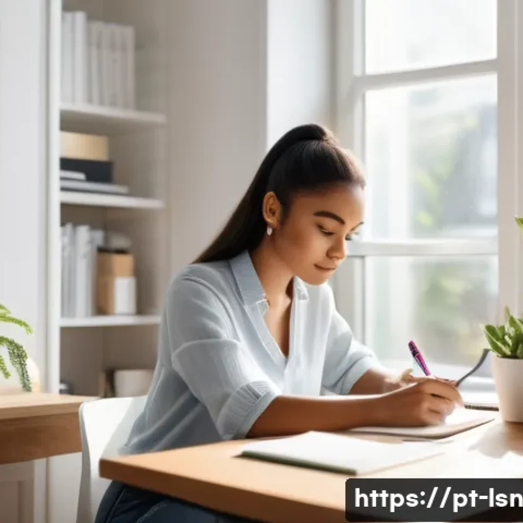 명확한 목표 설정이 가져오는 효과 - A professional young woman sitting at a modern desk in a bright home office, focused and organized, ...