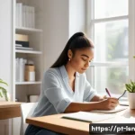 Home 19 명확한 목표 설정이 가져오는 효과 - A professional young woman sitting at a modern desk in a bright home office, focused and organized, ...