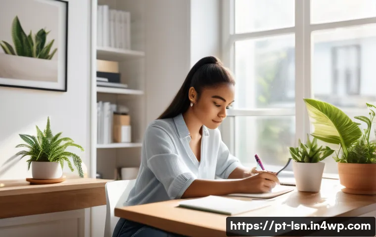 명확한 목표 설정이 가져오는 효과 - A professional young woman sitting at a modern desk in a bright home office, focused and organized, ...